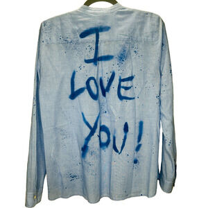 Unique Gap Blue Pintuck Popover Banded Neck I Love You Spray Paint Design Top M